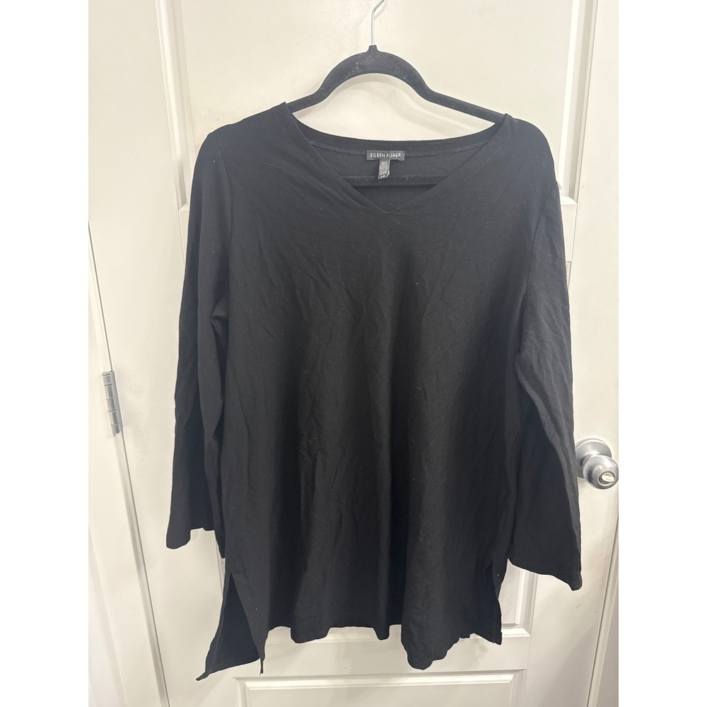 Eileen Fisher Womens Black‎ V-Neck Long Sleeve Side Slit Tunic Top Size Large